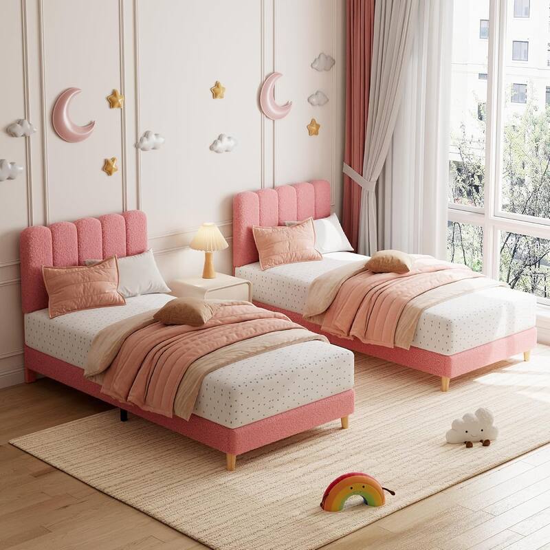 Twin Upholstered Platform Bed Frame with Wave Headboard, Wood Slats, No Box Spring Needed, for Kids or Teens