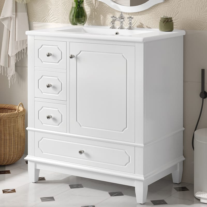 30" White Bathroom Vanity Set - Ceramic Sink Cabinet with 3 Drawers, Solid Wood Frame & Soft-Close Doors