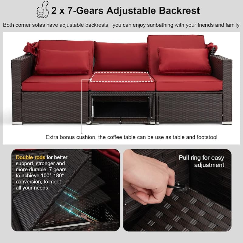 EROMMY 6-Piece Patio Furniture Set, Rattan Daybed with Canopy and Adjustable Backrest