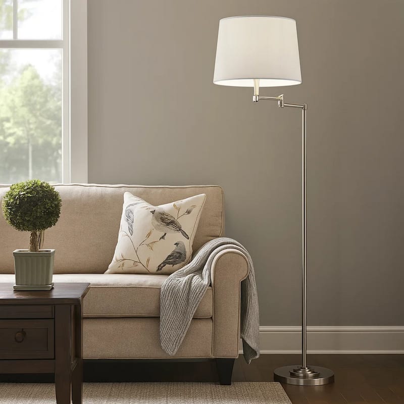 Tomi 63 Inch Floor Lamp, Double Swing Arm, Brushed Steel, White Shade