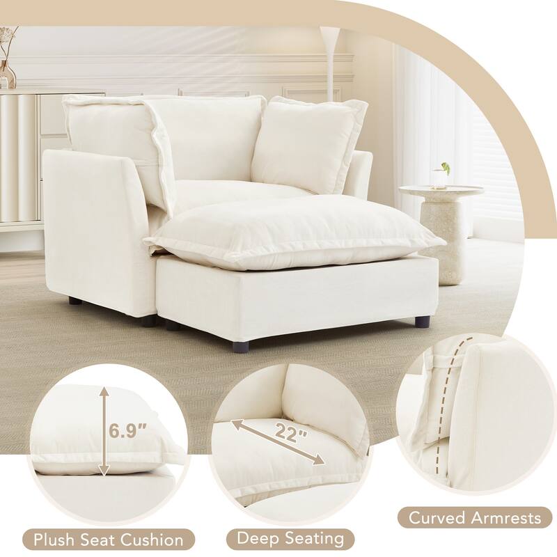 47" Cozy Upholstered Armchair with Movable Ottoman, Wide Seat, Curved Armrests and Soft Pillows