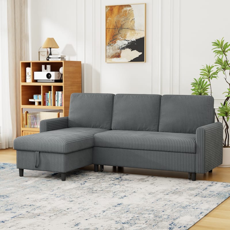 Futzca Convertible Corduroy Sofa Bed with Storage, L-Shaped Sectional Couch