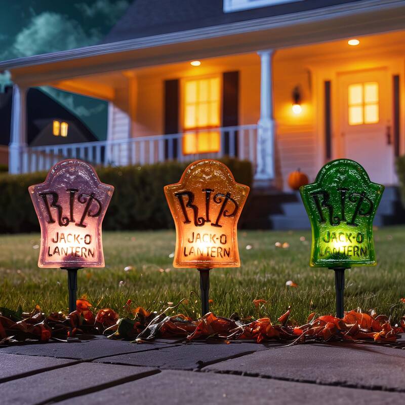 Lighted R.I.P Tombstone Halloween Outdoor Pathway Markers - 18" - Set of 3