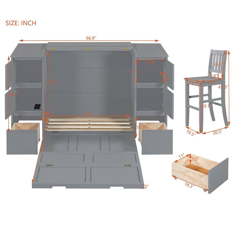 Twin Murphy Bed with Storage Drawers, Cabinets, and USB Charging - Ideal for Small Spaces