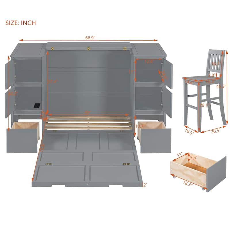 Twin Size Murphy Bed with Drawers, Cabinets & USB Ports