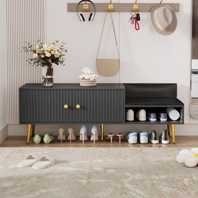 Modern Shoe Storage Bench with Storage Cabinet and Upholstered Cushions, Entryway Bench with Open Compartment for Living Room