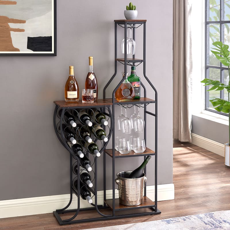 11-Bottle Rustic Brown Wine Rack 5 Tier Freestanding Wine Bakers Rack with Hanging Wine Glass Holder and Storage Shelves - Antique Brown