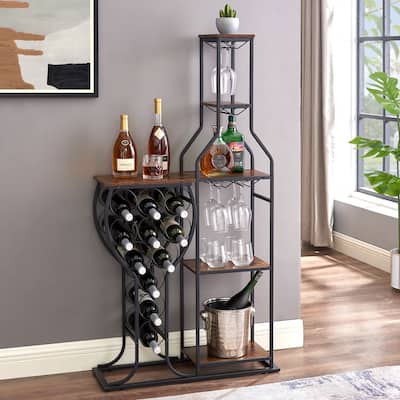 11 Bottle Wine Bakers Rack, 5 Tier Freestanding Wine Rack with Hanging Wine Glass Holder and Storage Shelves