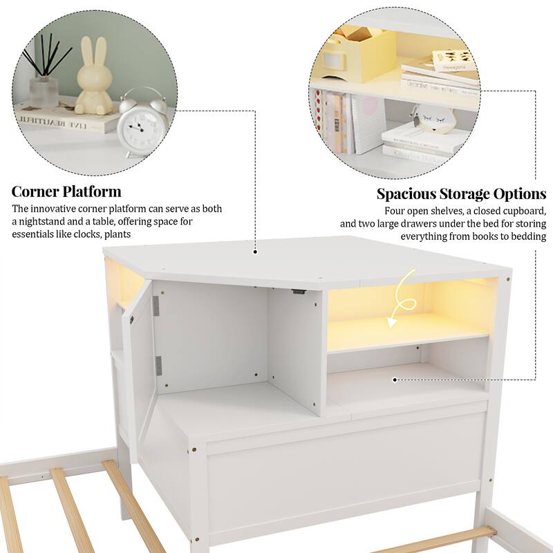 Twin L-Shaped Combination Daybed with Drawers & Trundle, 3-in-1 Low Corner Platform Bed Linked w/Built-in Desk & Led Downlight