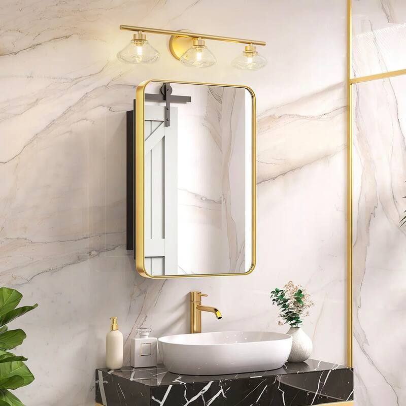 3-Light 24.4" Modern Black/Gold Bathroom Vanity Light with Stone-Shaped Seed Glass Shades