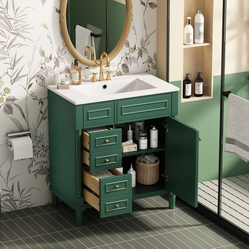 30" Freestanding Bathroom Vanity with Sink, Soft-Closing Door and 2 Drawers - Green