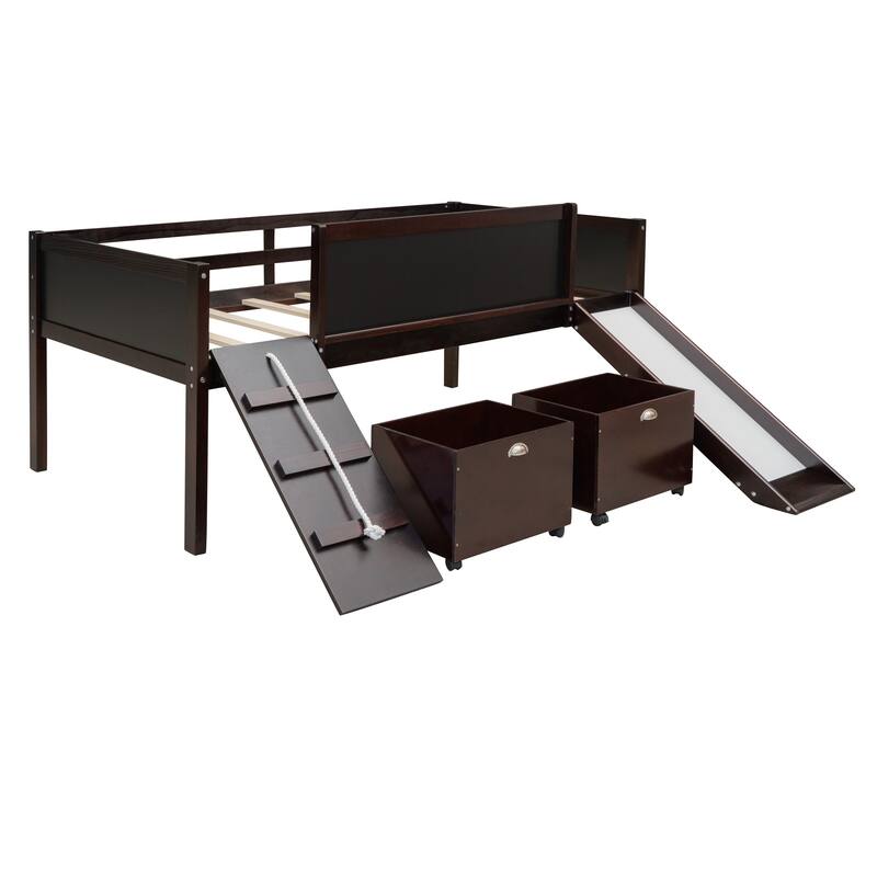 Twin Size Loft Bed with Slide, Chalkboard, and Storage Boxes, Wooden Loft Bed for Kids