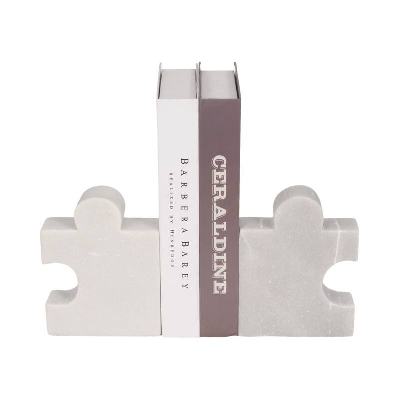 Modern Marble Puzzle Piece Bookends for Home Decor - 7", White - 7.0"