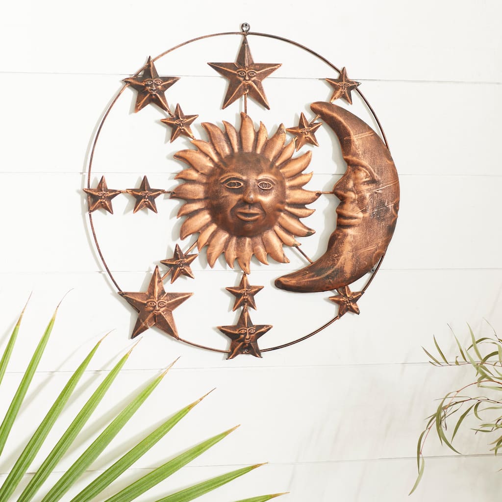 Bronze Metal Indoor Outdoor Sun and Moon Home Wall Decor with Stars - 21 x 1 x 21Round