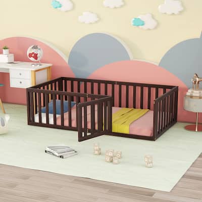 Twin Size Wood Floor Bed with Fence and Door