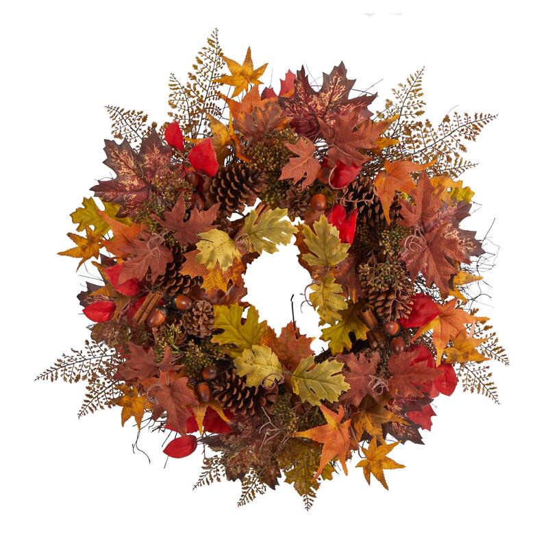 Maple Leaves Acorn Pinecones Cinnamon Sticks Artificial Fall Wreath 30"