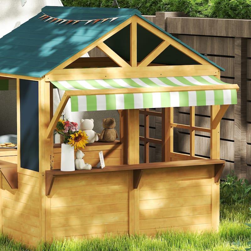 Qaba Foldable Outdoor Playhouse, Wooden Kids Cottage with Windows, Working Door, Snack Bars, for Kids 3-8 Years