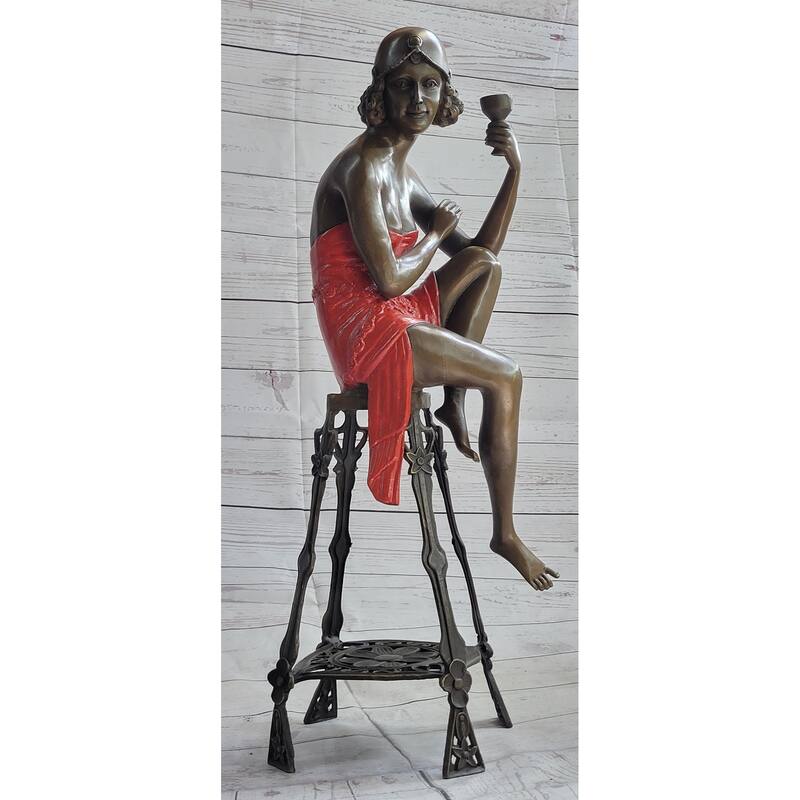 Art Deco 1920S Flapper Girl Holding Wine Cup Bronze Statue Sculpture Figurine 21.5 Inches X 6.5 Inches