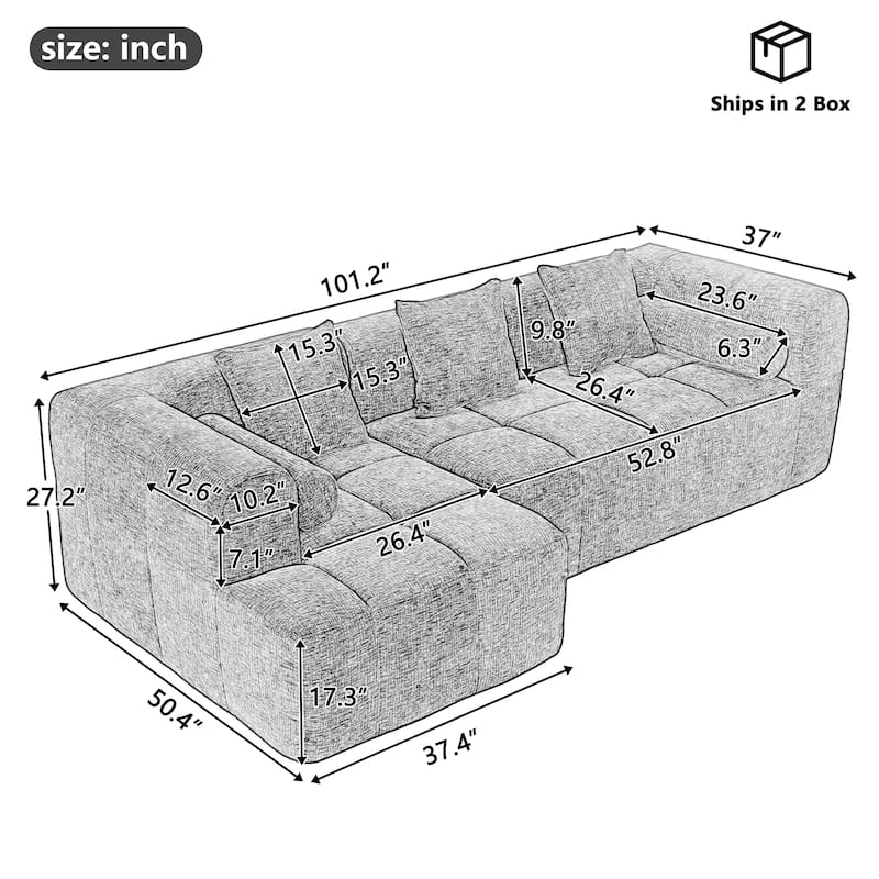 Roomfitters 101 Inch Modern Modular Sectional Sofa with Deep Seating and Side Pockets, Chenille, Light Gray