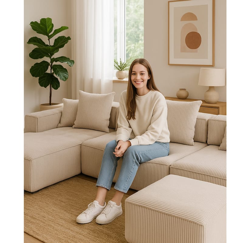 Corduroy Modular Sectional Sofa with Chaise Lounge, Deep Seat, Ottoman