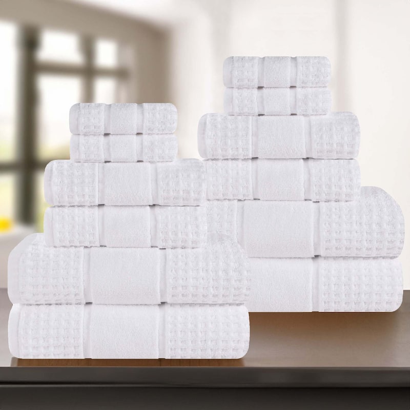 Superior Napa Zero Twist Cotton Waffle 12 Piece Bathroom Towel Set - White