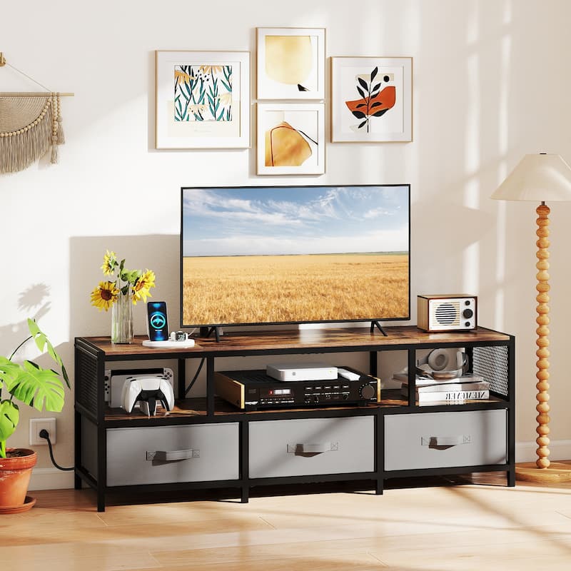 55" Entertainment Unit with Power Outlets Storage Drawers and Wood Grain Finish for Bedroom or Living Room - 55" x 16" x 19.5"