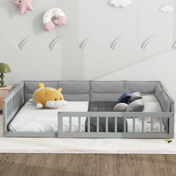 slide 2 of 19, Wood Full Size Upholstered Platform Bed with Guardrail and Pillow Gray - Full