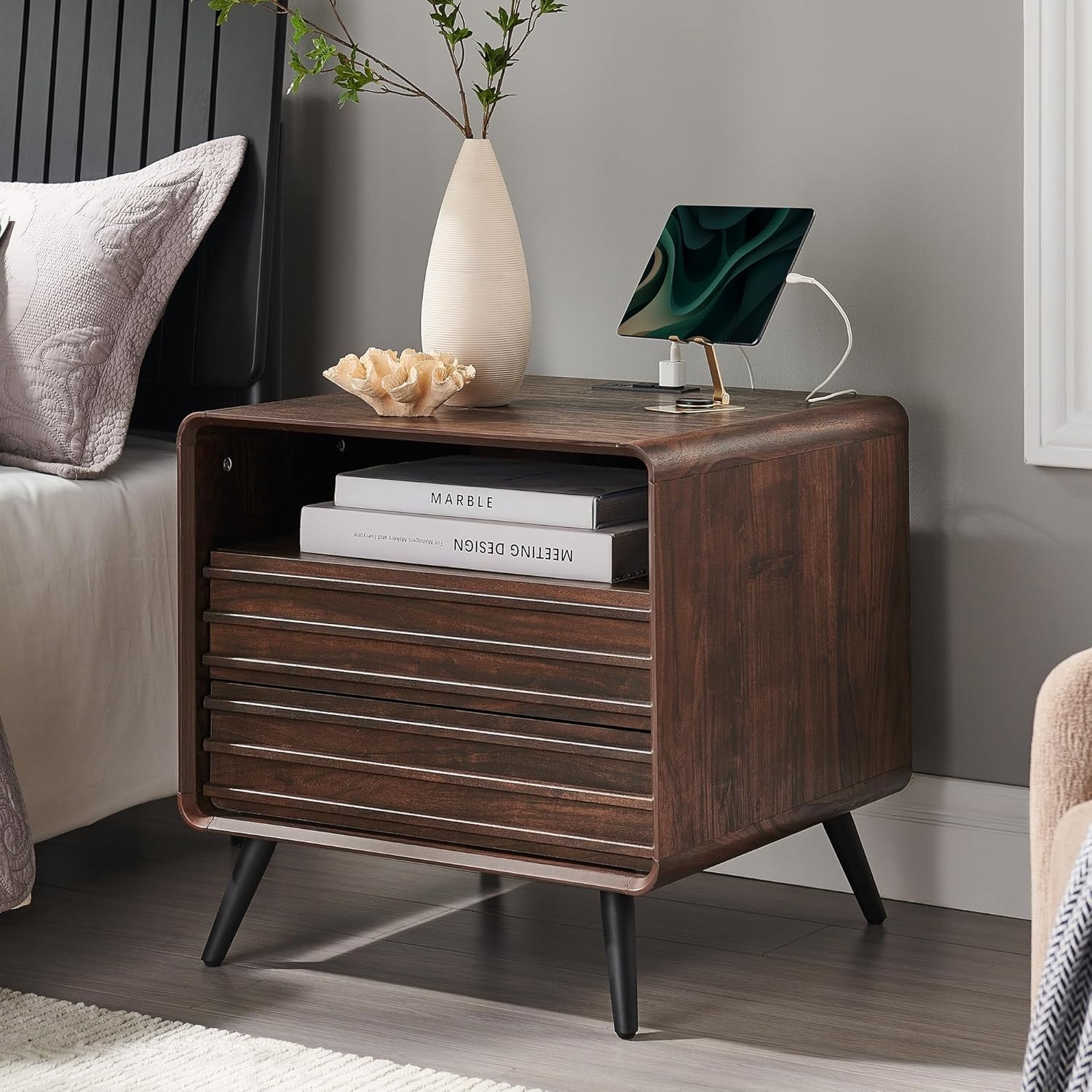 Mid Century Modern Nightstand with charging station, Wood End