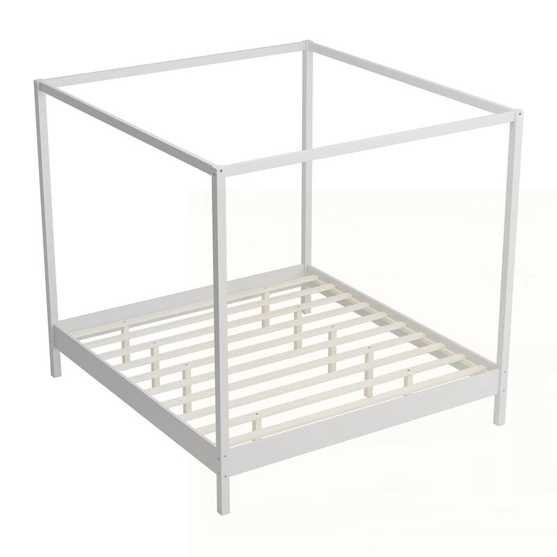 Solid Wood Canopy Bed Frame Four Poster Platform Bed with Slats Support