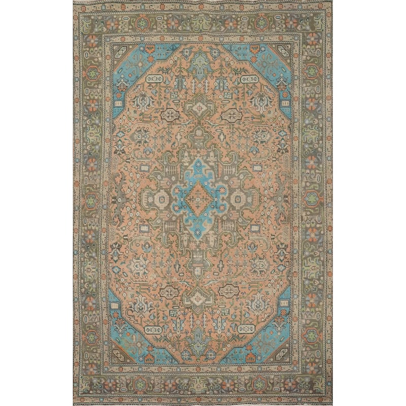 Hand Knotted Oriental 100% Wool Carpet Traditional Medallion Peach Tabriz Area Rug - 9' 2'' X 6' 4''