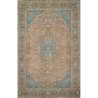 Hand Knotted Oriental 100% Wool Carpet Traditional Medallion Peach Tabriz Area Rug - 9' 2'' X 6' 4''