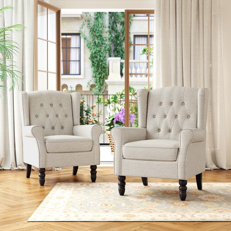 Button Tufted Wingback Upholstered Accent Chairs Set of 2 - Linen Beige