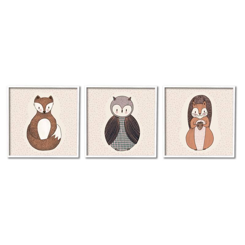 Stupell Stylized Animal Portraits Kids Owl Fox Squirrel 3 Piece Framed Wall Art, Design by Birgit Maria Kiennast - 12 x 12 - White