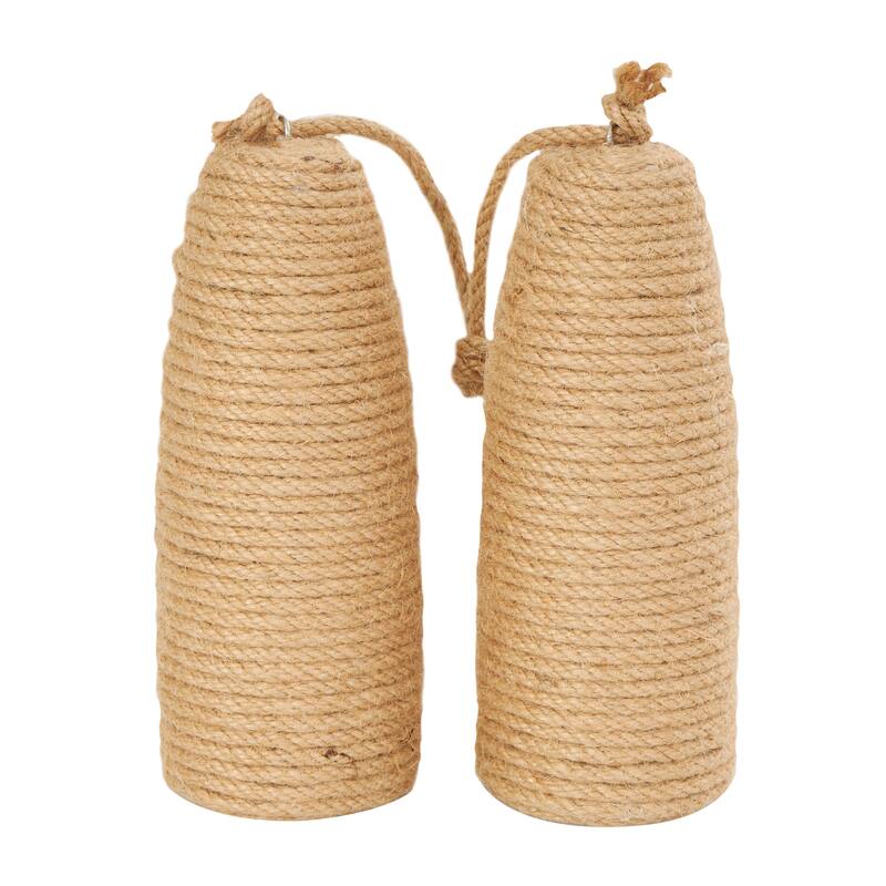 White or Brown Wood Handmade Coiled Striped Rope Buoy Sculpture with Joined Hanging Handle (Set of 2)