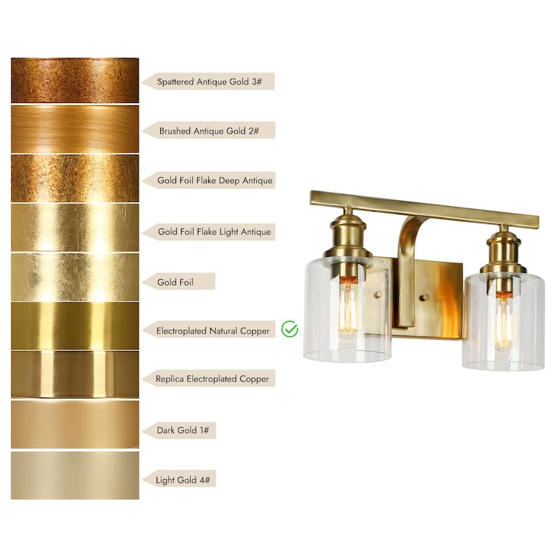 Oriva Modern 2-Light Gold Wall Sconce Cylinder Clear Glass Bathroom Vanity Light - Brushed Electroplated Copper - W14"xD6.5"xH9"