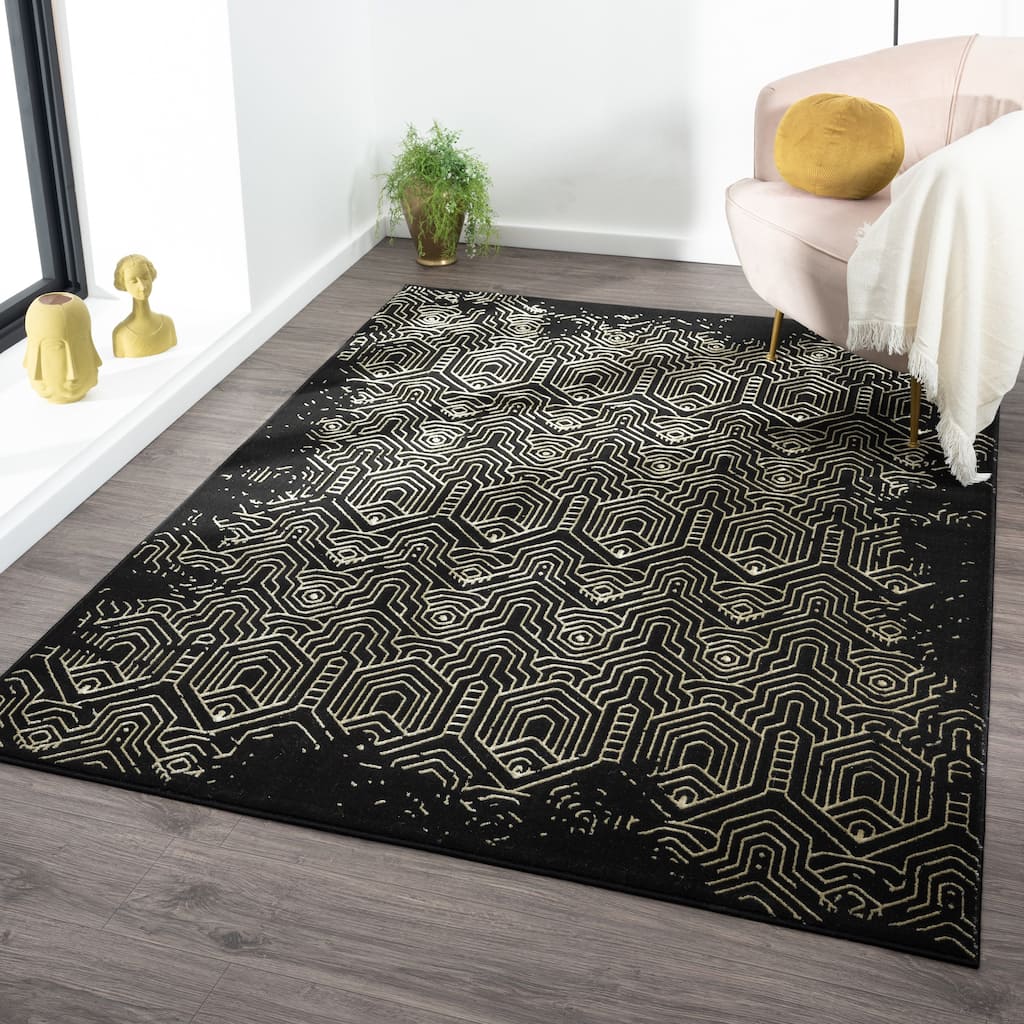 Ksamil Collection Geometric Abstract Area Rug in Black/Gold