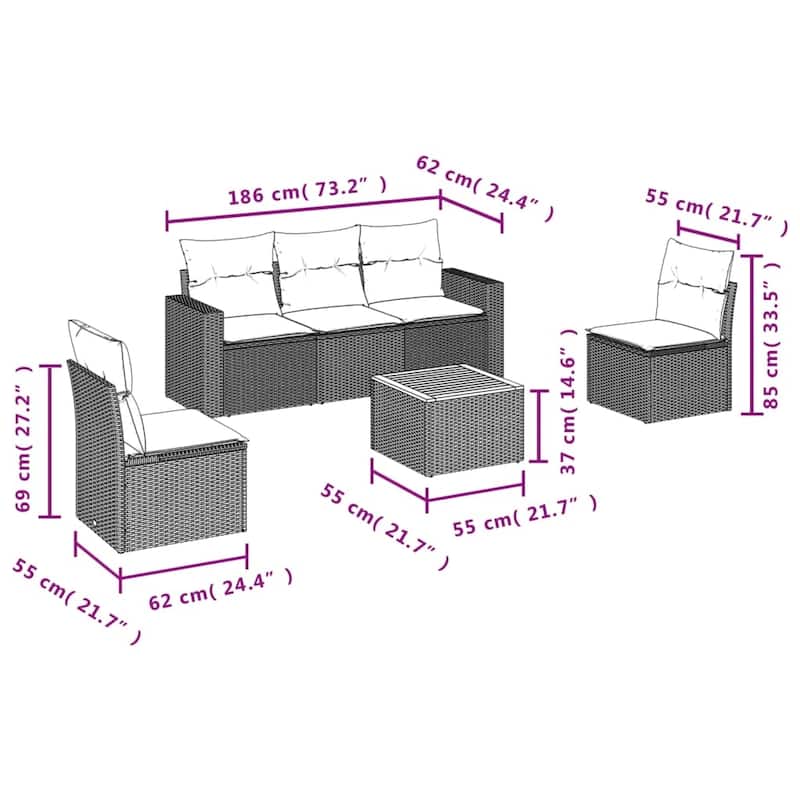 vidaXL Patio Sofa Set with Cushions Outdoor Furniture 6 Piece Poly Rattan - 25.8 x 24.4 x 27.2