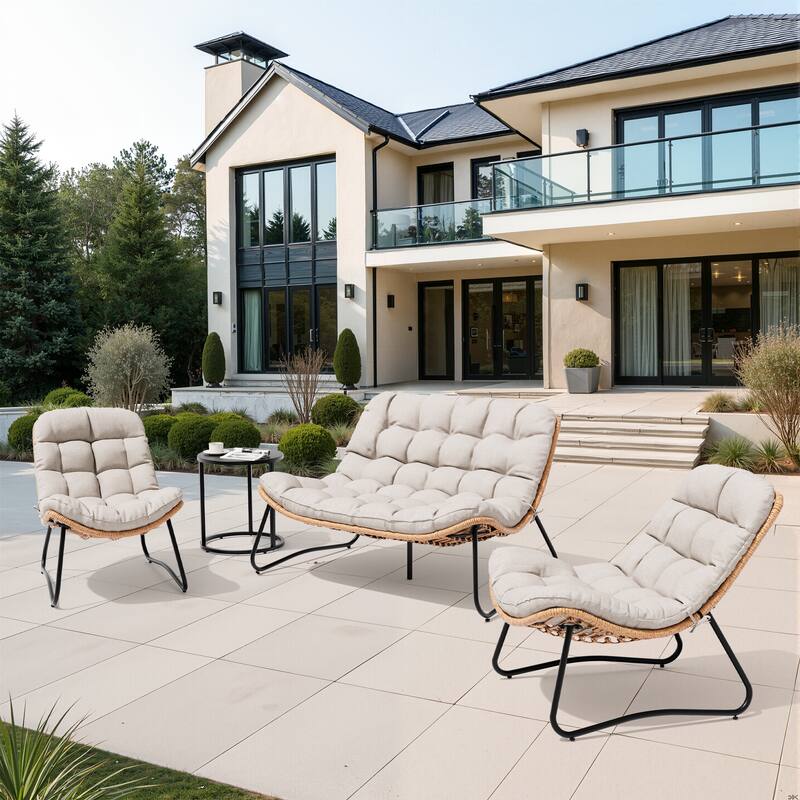 All-Weather Papasan PE Rattan Chair Single Loveseat Sets with Cushion For Indoor Outdoor - 3PC-PapasanChairsSet - Beige