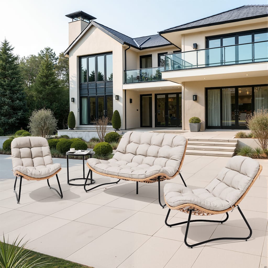 All-Weather Papasan PE Rattan Chair Single Loveseat Sets with Cushion For Indoor Outdoor