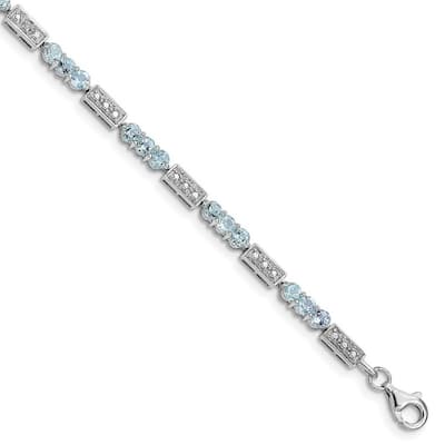 Curata 925 Sterling Silver Textured Polished Fancy Lobster Closure Aquamarine and Diamond Bracelet