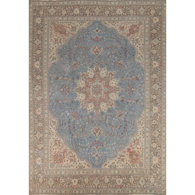 Light Blue Floral Tabriz Persian Area Rug Vintage Handmade Wool Carpet - 9'8"x 12'5"