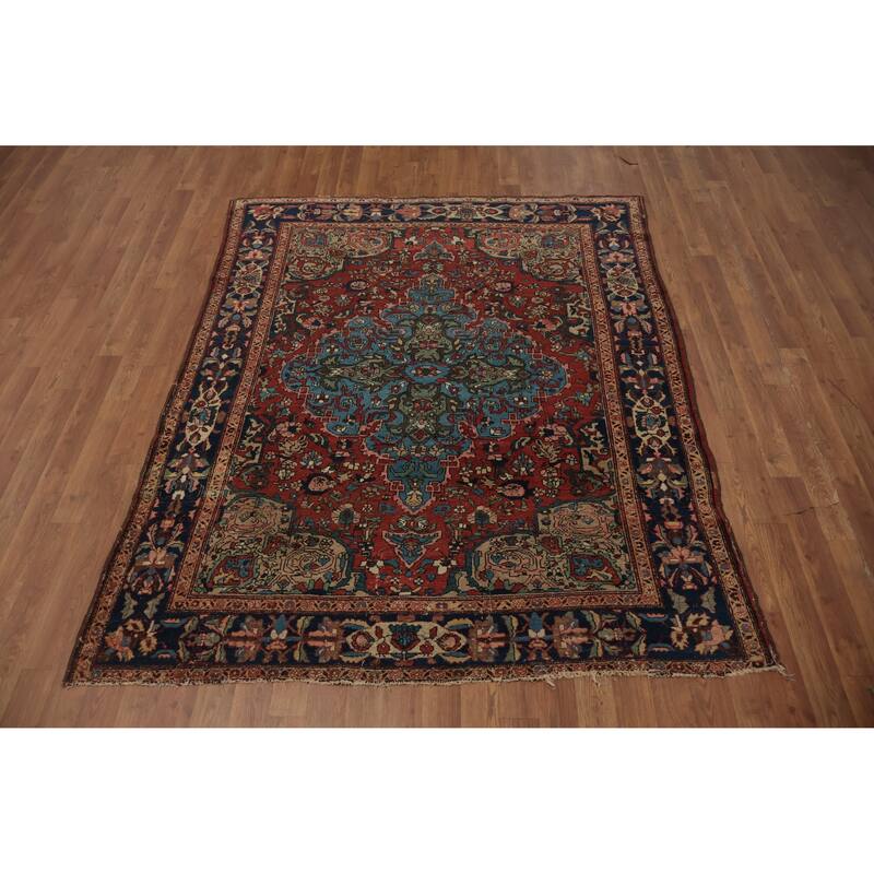 Hand Knotted Oriental 100% Wool Carpet Traditional Floral Navy Blue & Blues Bakhtiari Area Rug - 6' 6'' X 5' 2''