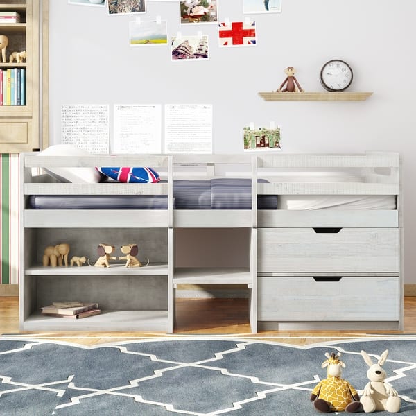slide 2 of 27, Twin Size Low Loft Bed w/ 2 Shelves & 2 Drawers Wood Storage Bed Frame for Kids, Teens, Girls, Boys Space-Saving, Easy Assembly White