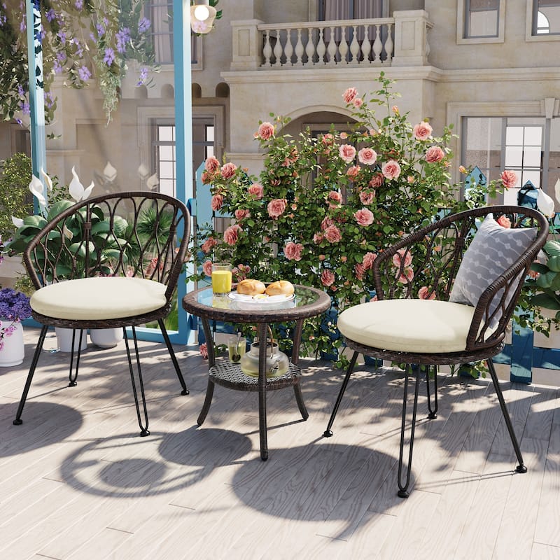 Outdoor Leisure Set, 2 Rattan Single Chairs with A Glass Round Table, Perfectly Suited for Patios, Balconies, and Courtyards - Beige+Brown