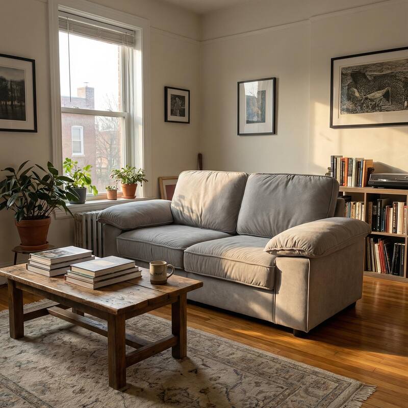 Roomfitters Modern Overstuffed Upholstered Sofa with Hidden Storage and Padded Arms, Comfy Loveseat for Small Space