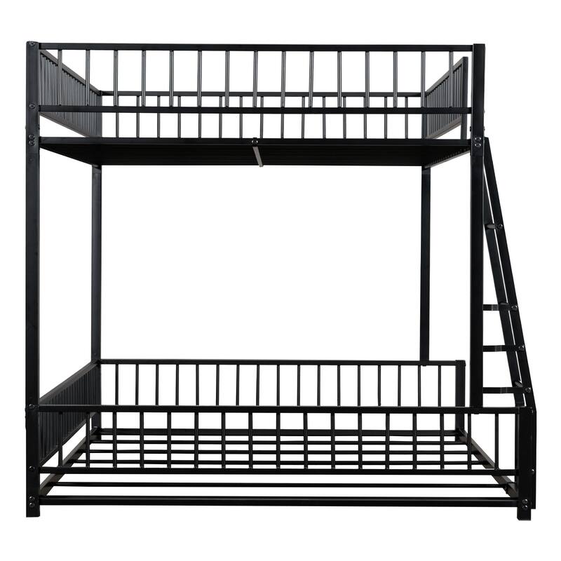 Roomfitters Twin/Full XL over Queen Floor Bunk Bed Frame with Ladder and Safety Guardrails Easy Assembly, Black