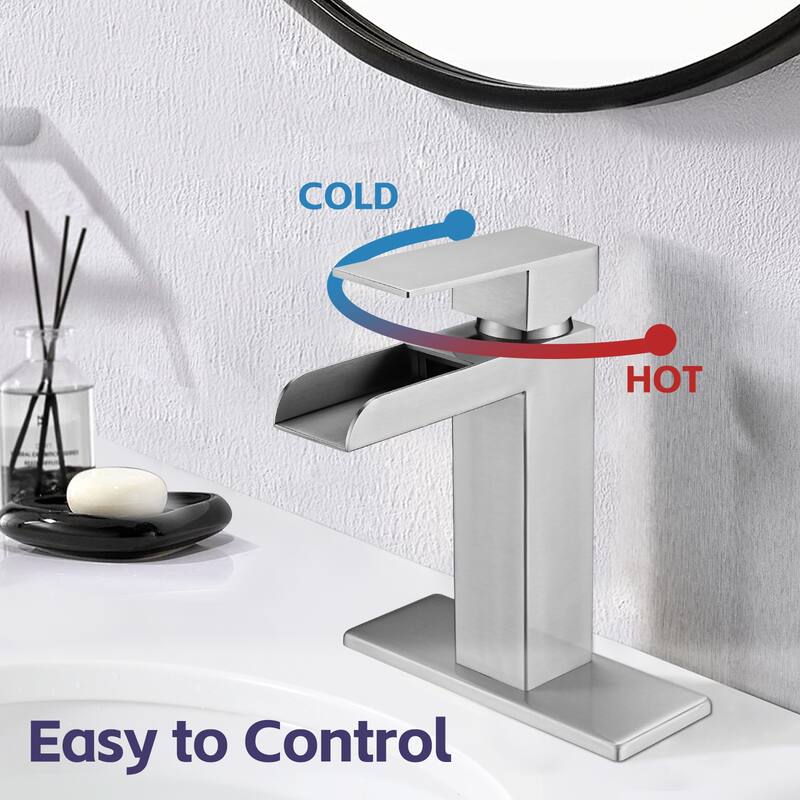 Modern Waterfall Single Handle Bathroom Sink Faucet with Overflow Pop Up Drain, Anti Corrosion and Rust Resistant