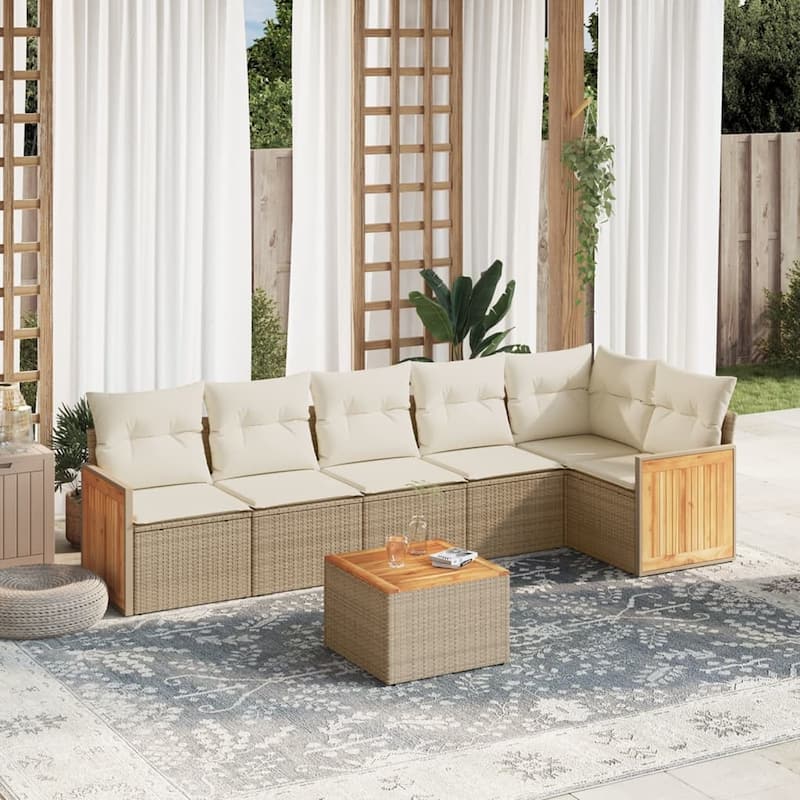 vidaXL Patio Sofa Set with Cushions Outdoor Conversation Furniture Poly Rattan - Beige and Cream-With table - 112.6 x 47.6 x 27.2