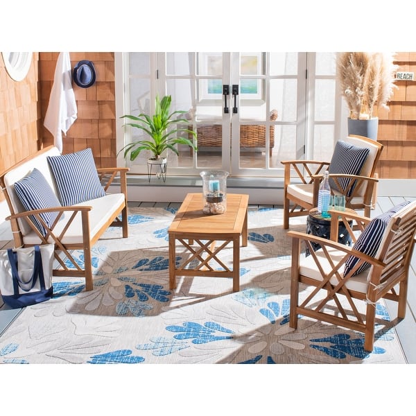 slide 2 of 104, SAFAVIEH Outdoor Fontana 4-piece Acacia Wood Patio Conversation Set