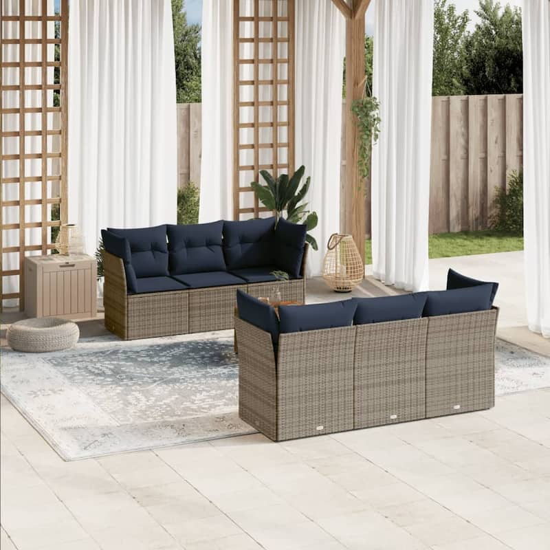 vidaXL 7 Piece Patio Sofa Set with Cushions Gray Poly Rattan - 24.4" x 24.4" x 27.2"